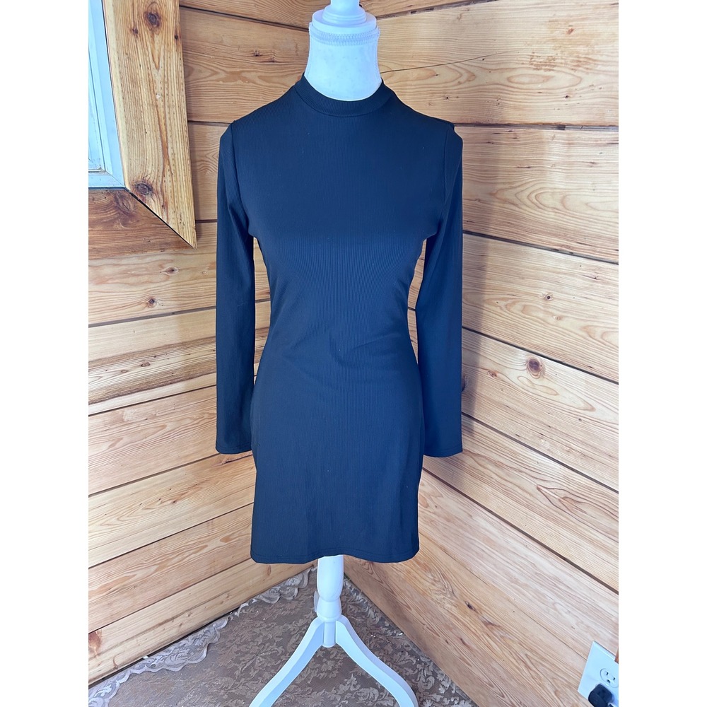 Black Ribbed Mock Neck Long Sleeve Bodycon‎ Mini Dress Small